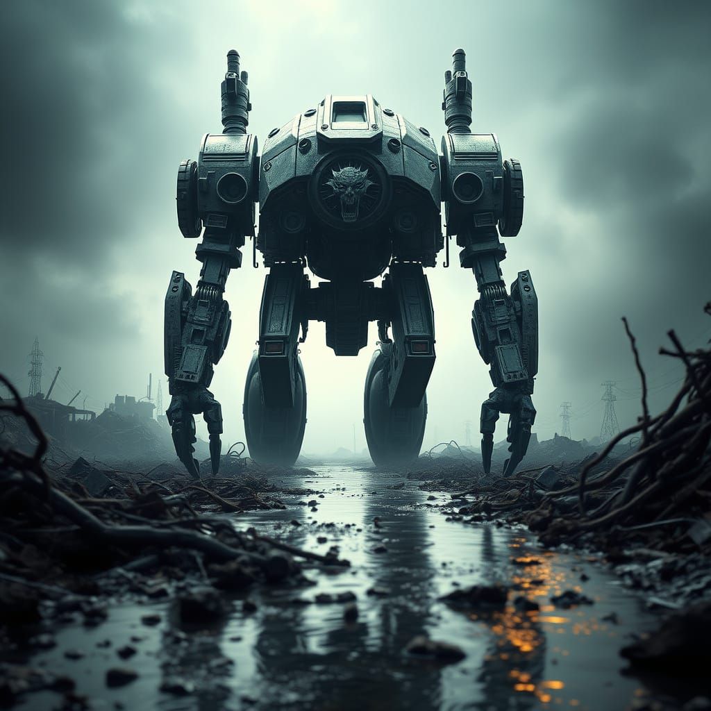 Cyberpunk Mech Rises from Toxic Wasteland