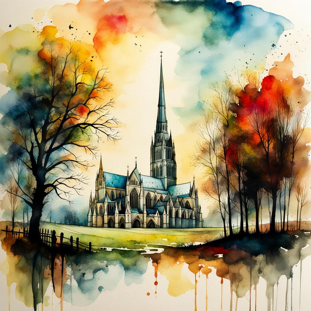 Salisbury Cathedral in Watercolor and Ink