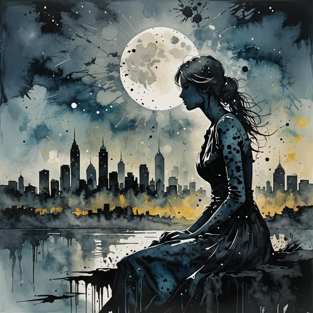 Ink Splatter Silhouette in Moonlight