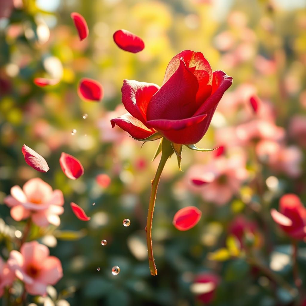Suspended Red Rose in a Whimsical Watercolor Garden