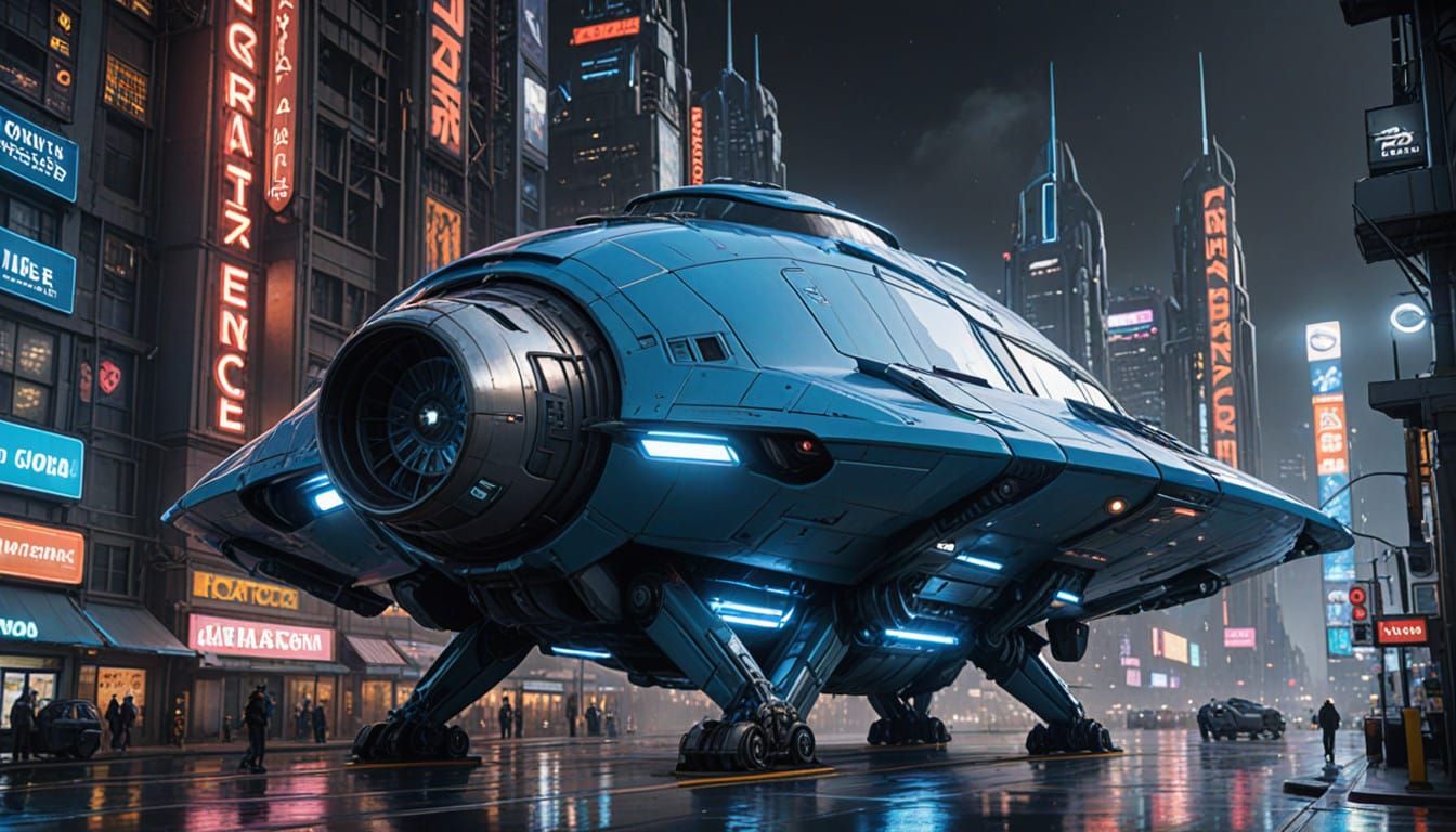 Cyberpunk Spaceship Lands on Futuristic City Landing Pad