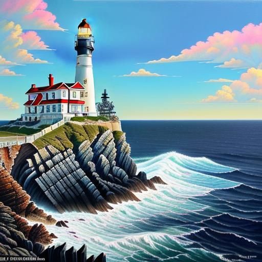 Fantastical Lighthouse Painting in Watercolor Style