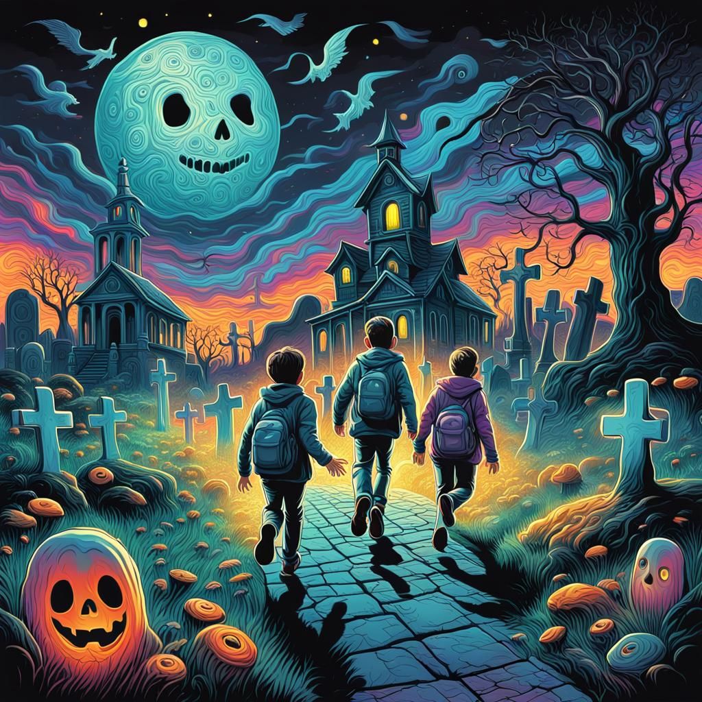 Kids Chase Ghost in Graveyard: Colorful Vector Art