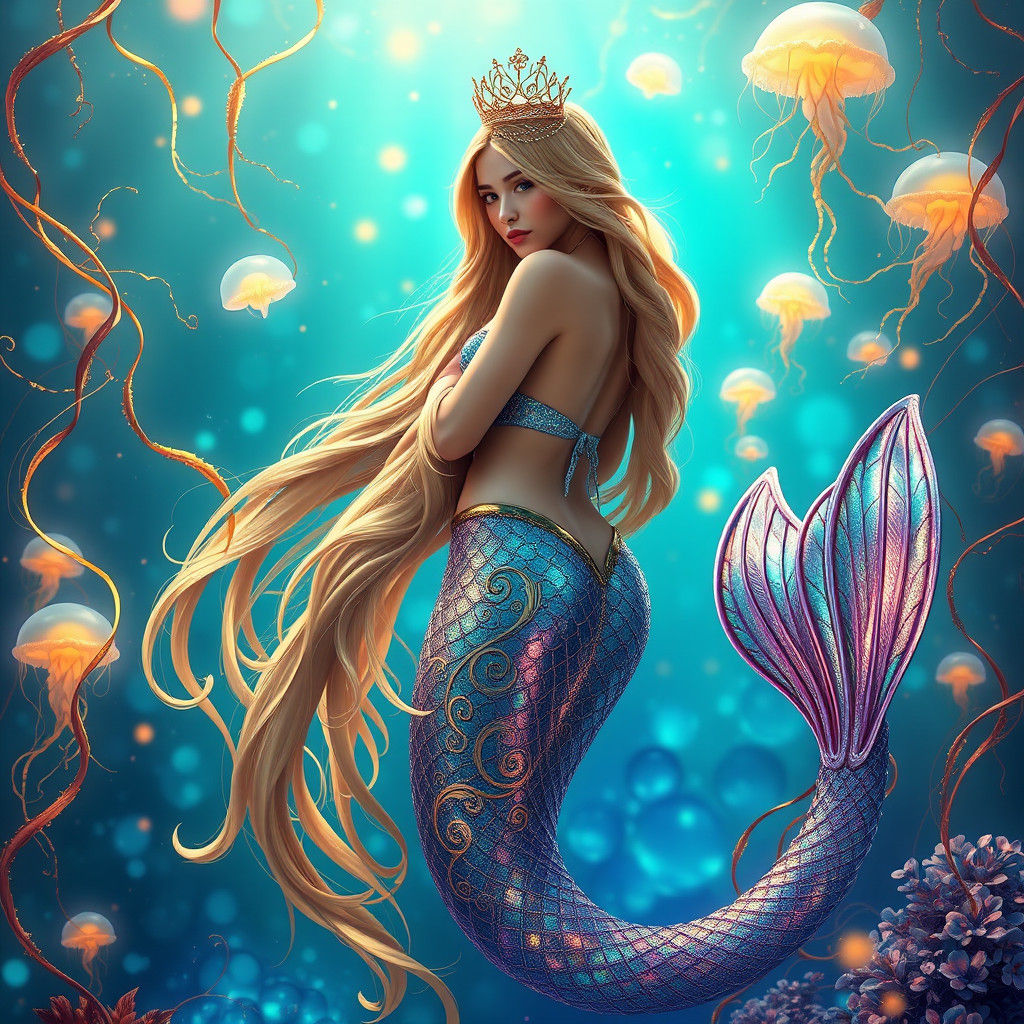 Majestic Mermaid Portrait in Art Nouveau Style