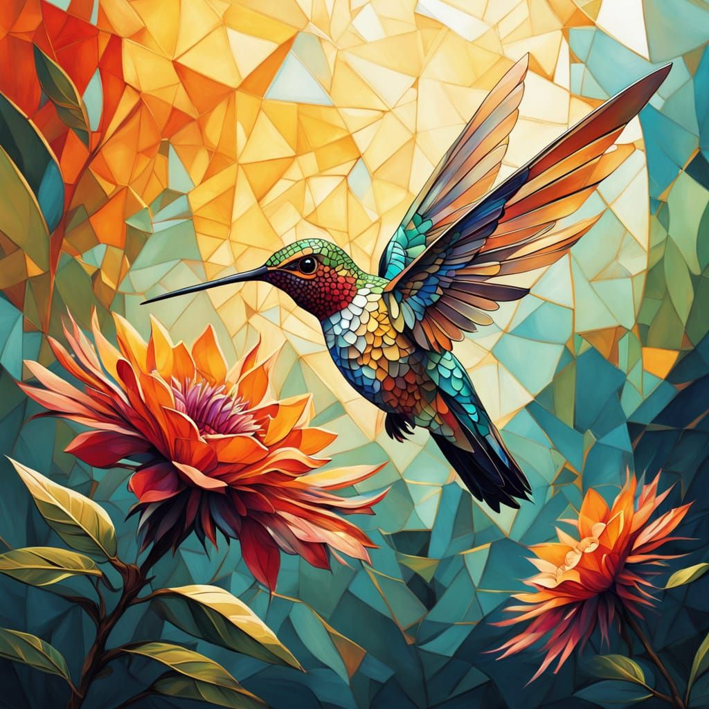 Geometric Hummingbird Sipping Nectar: A Digital Painting