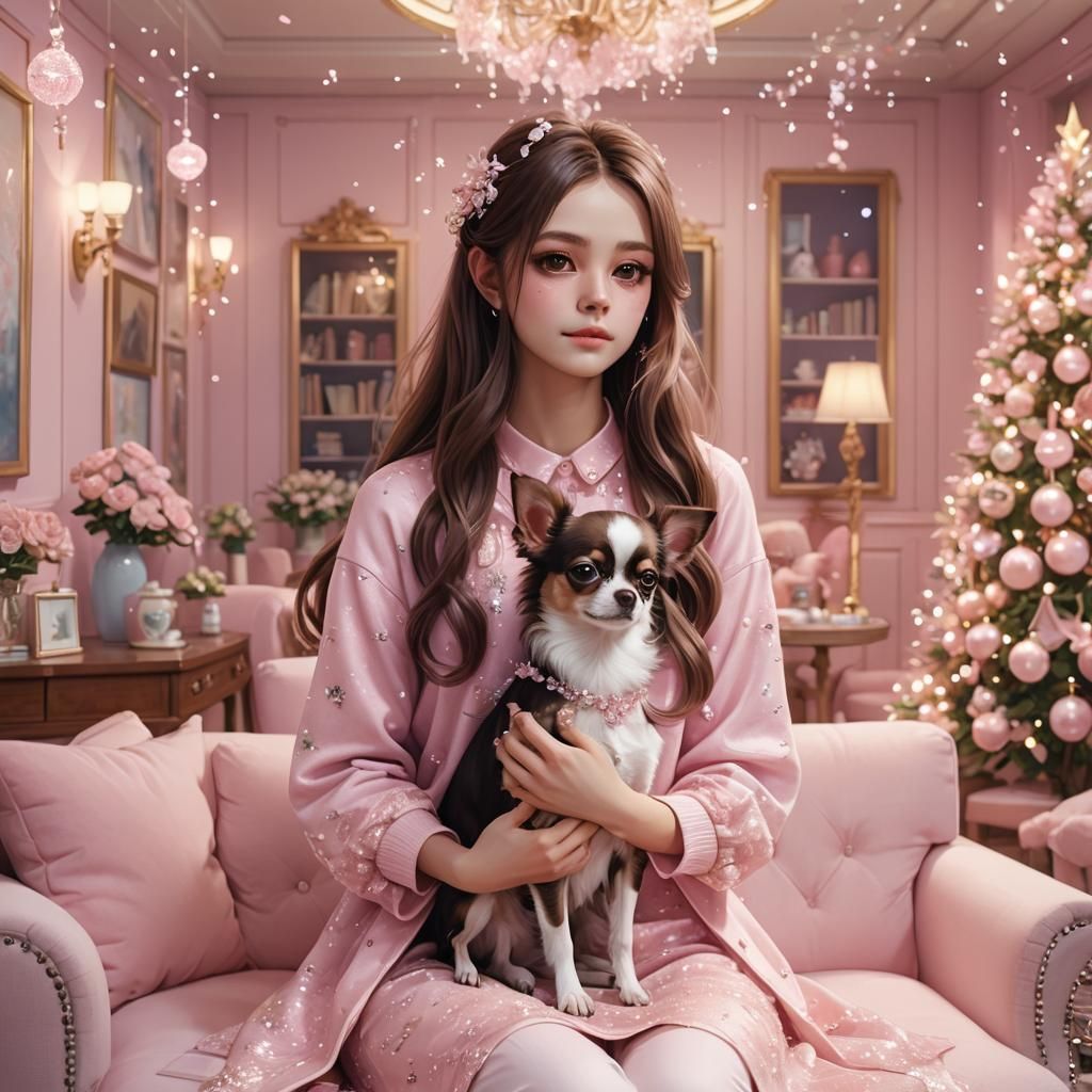 Anime Girl in Pink With Chihuahua, 3D Art