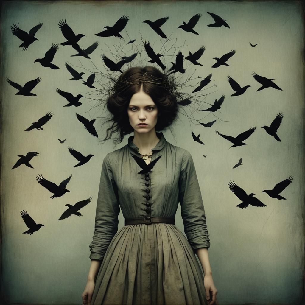 Ravens Confront Woman: Fine Art Portrait