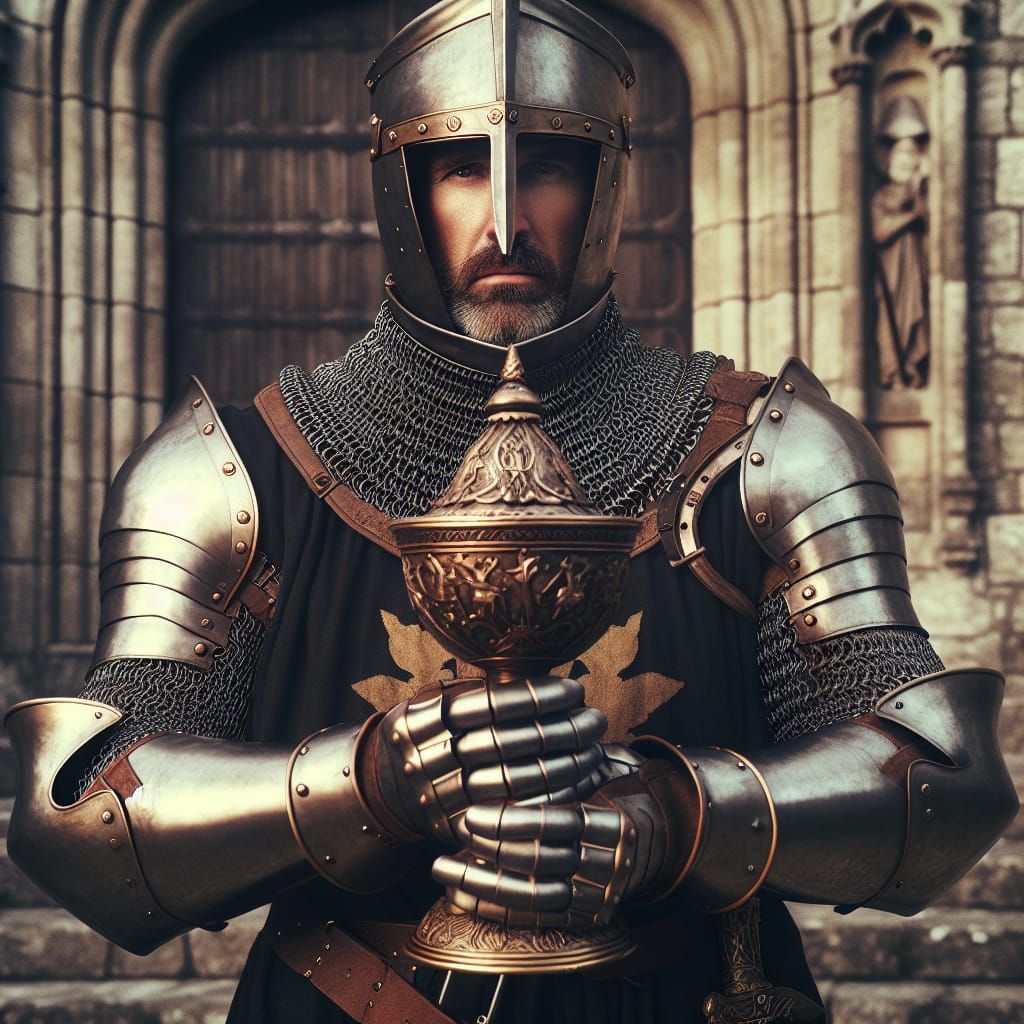 Medieval Knight Holding Holy Grail in Castle