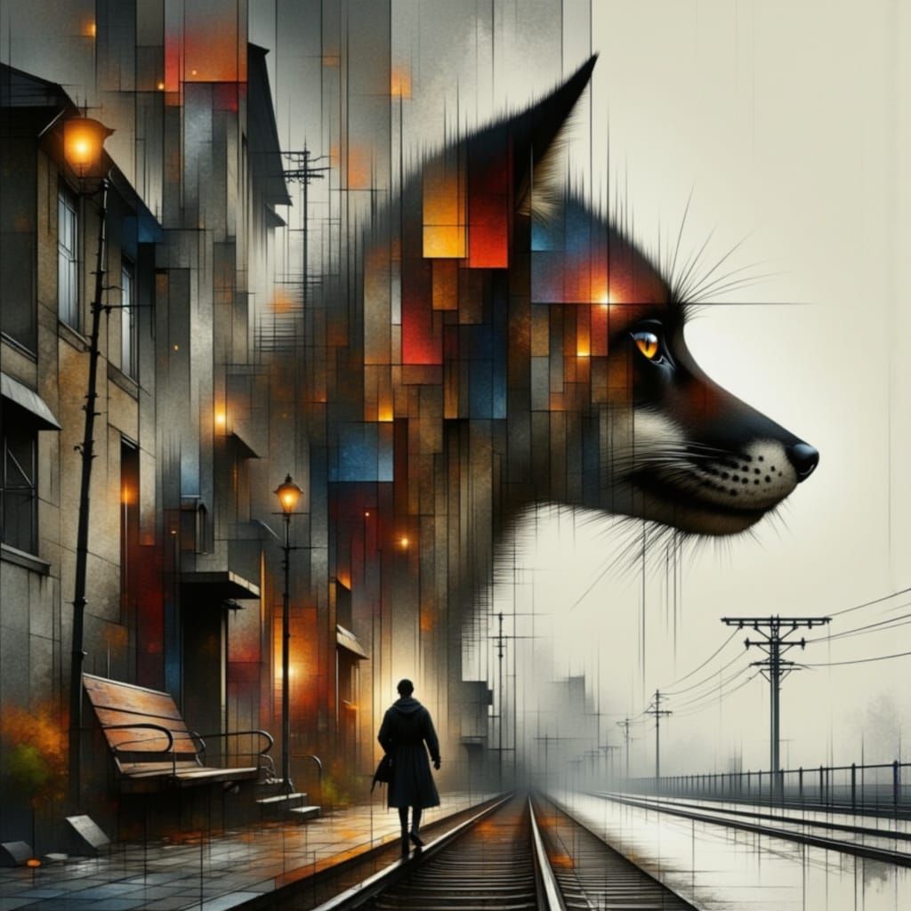 Double Exposure Portrait of a Fox in Railway Station
