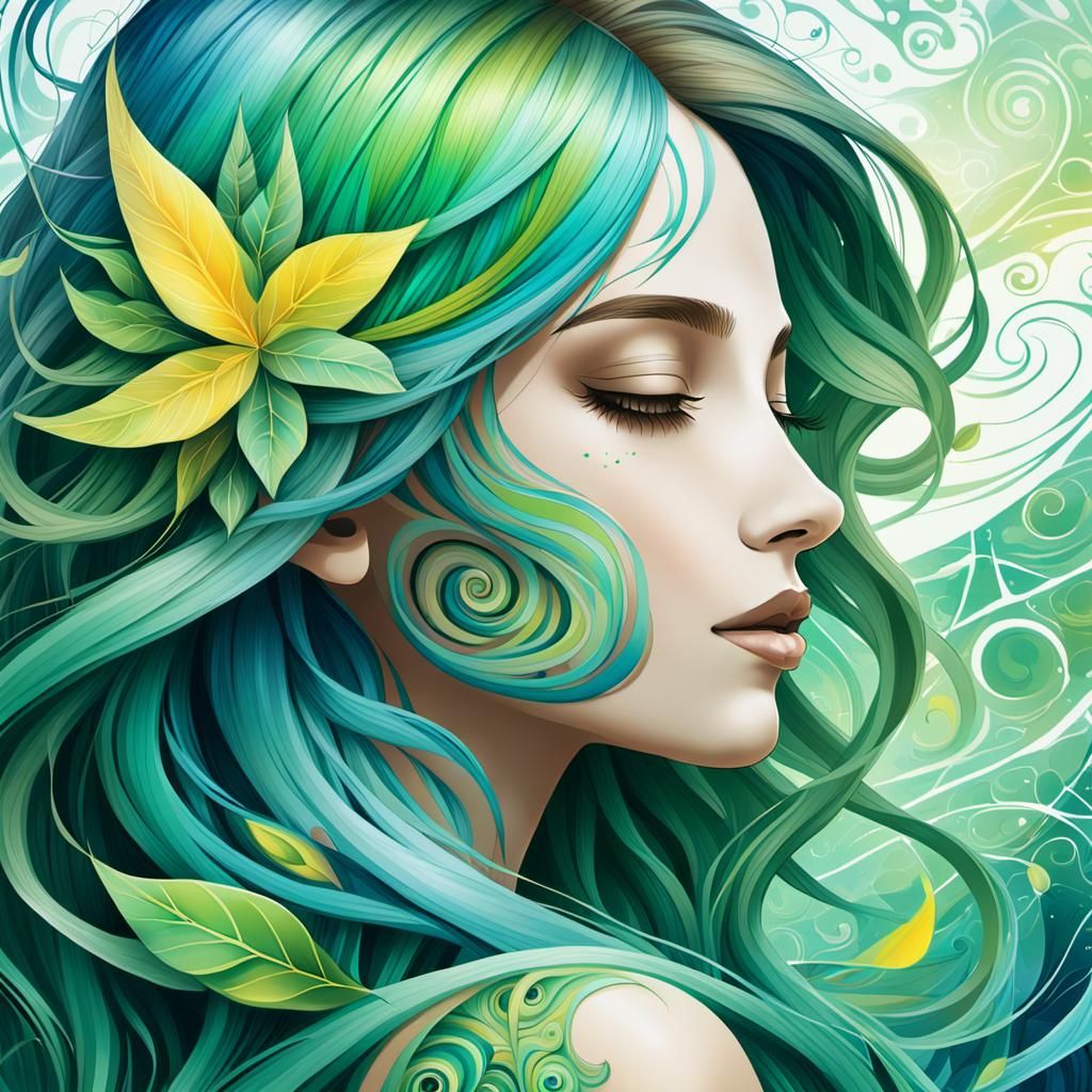 Dreamy Digital Portrait of Woman with Flowing Hair