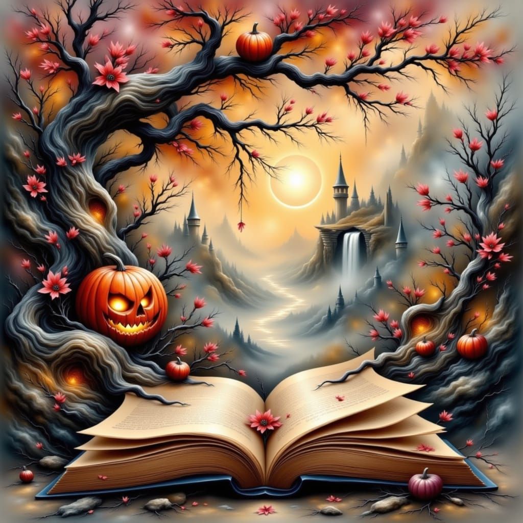 Surreal Halloween Book with Monster and Haunted Tree