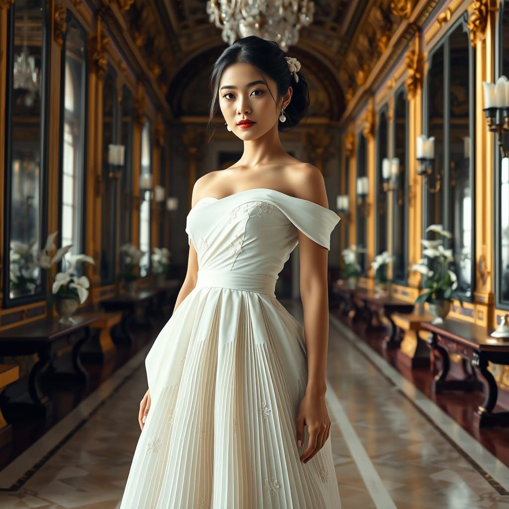 A captivating fashion photograph showcases a poised 25-year-old Asian female model elegantly positioned within the grand...