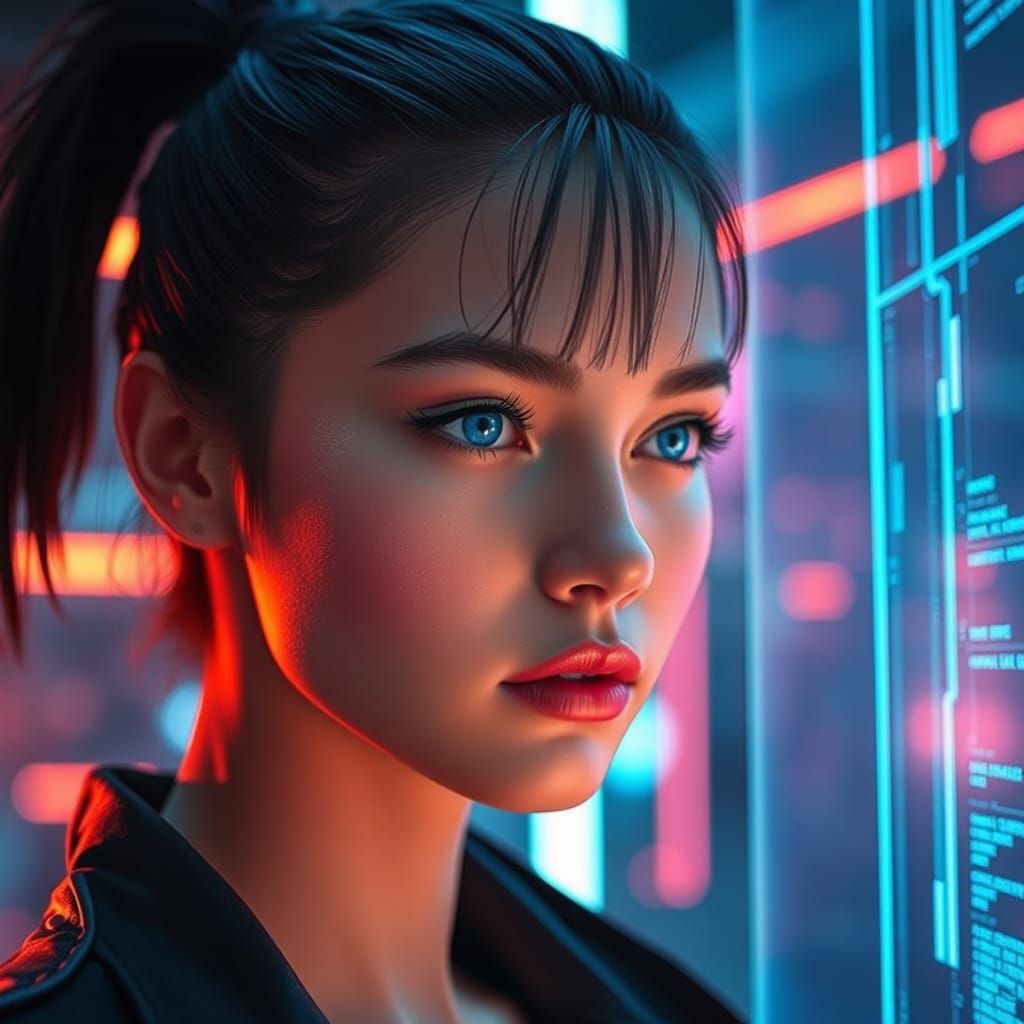 Cyberpunk Woman Gazing at Holographic Screen