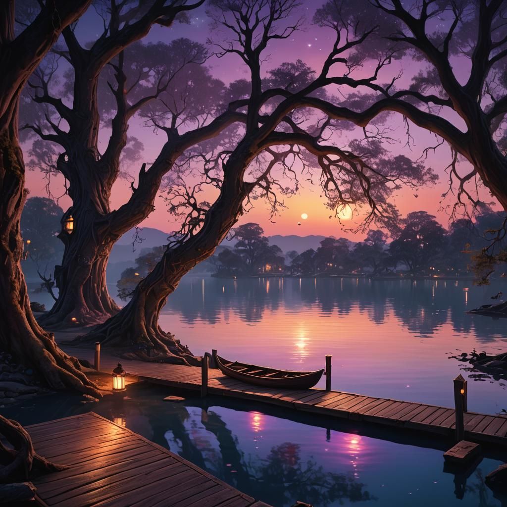 Mystical Sunset Dock with Glowing Portal