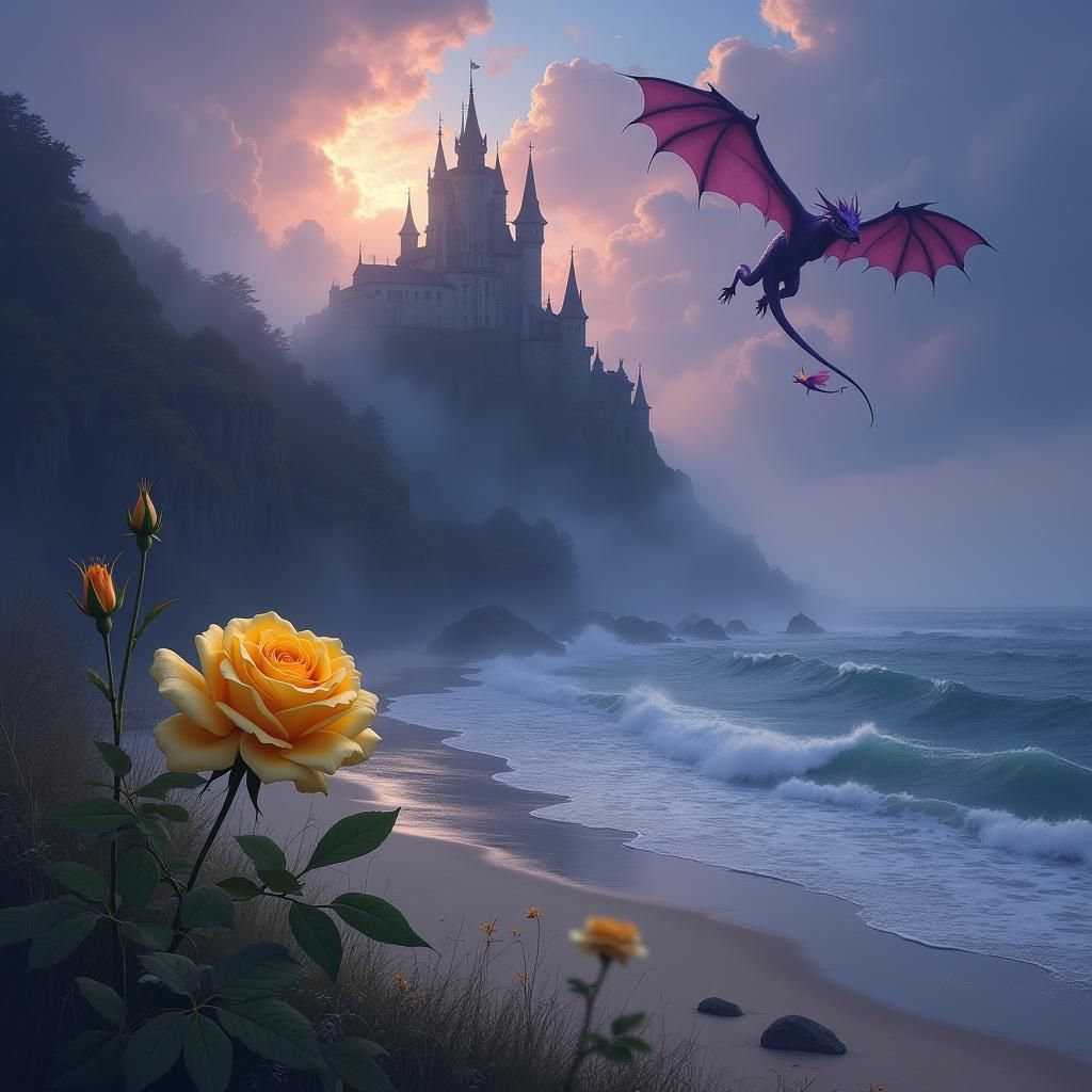 Ethereal Fantasy: Yellow Rose, Dragon, and Castle