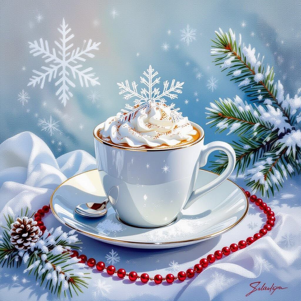 Coffee Cup with Snowflake in Gouache Watercolor Style