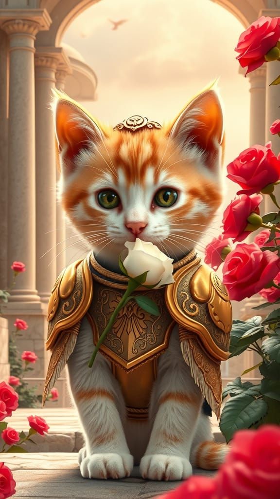 Surreal Golden Kitten as Pisces Knight in Enchanted Garden