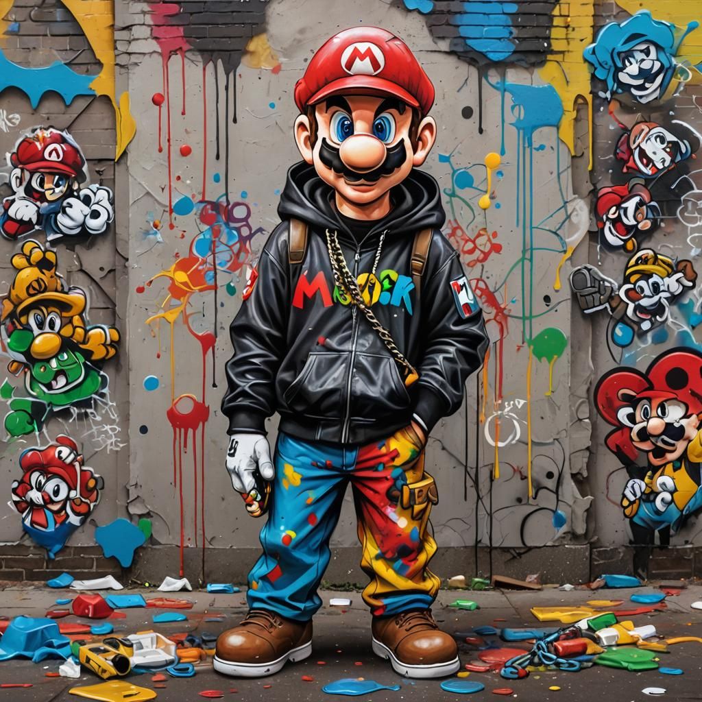 Mario as Graffiti Art with Glock and Hoodie