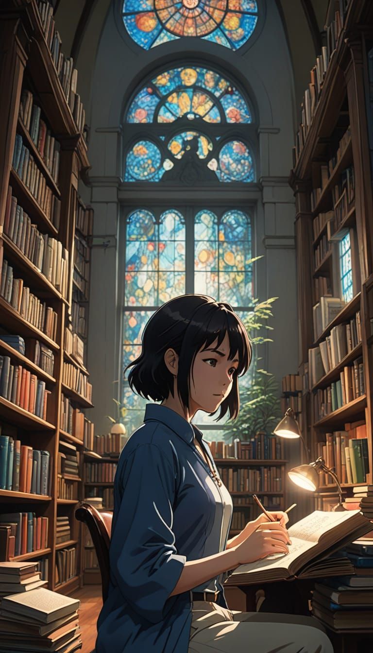 Woman in Library Contemplation, Inspired by Anime and Studio...