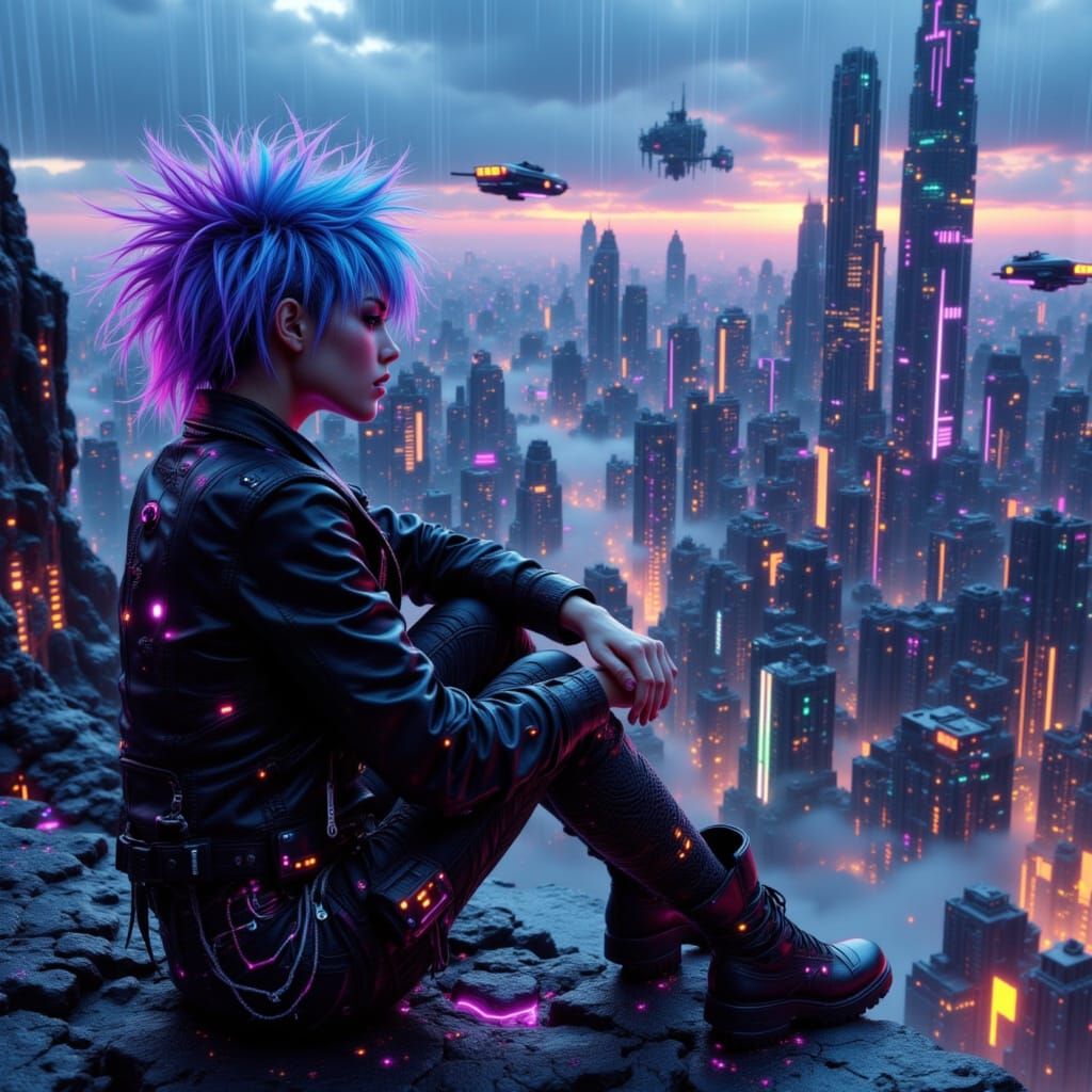 Futuristic Lady Gazing Out at Cyberpunk Cityscape