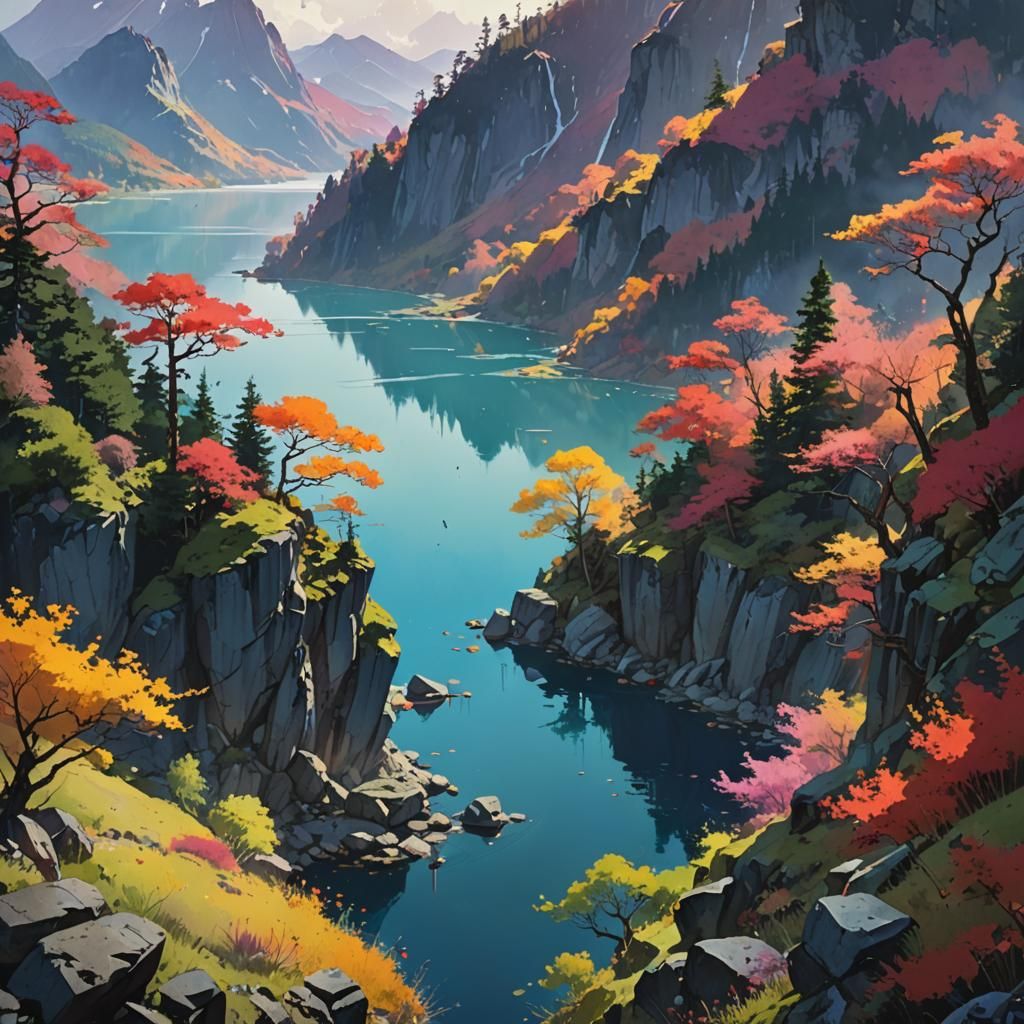 Mountain Lake View in Watercolour Matte Painting