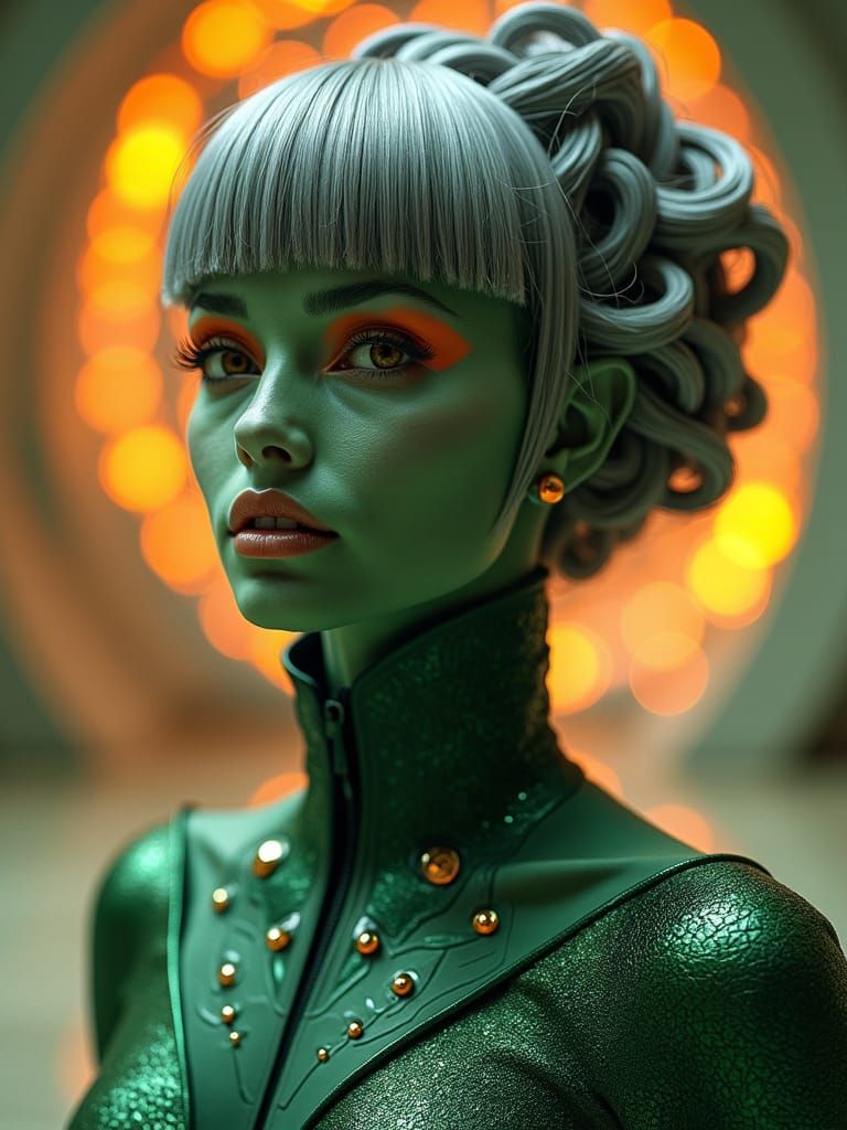 Striking Emerald Woman with Smoky Gray Hair