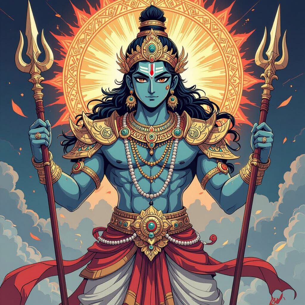 Lord Vishnu: Divine Warrior in Anime Style