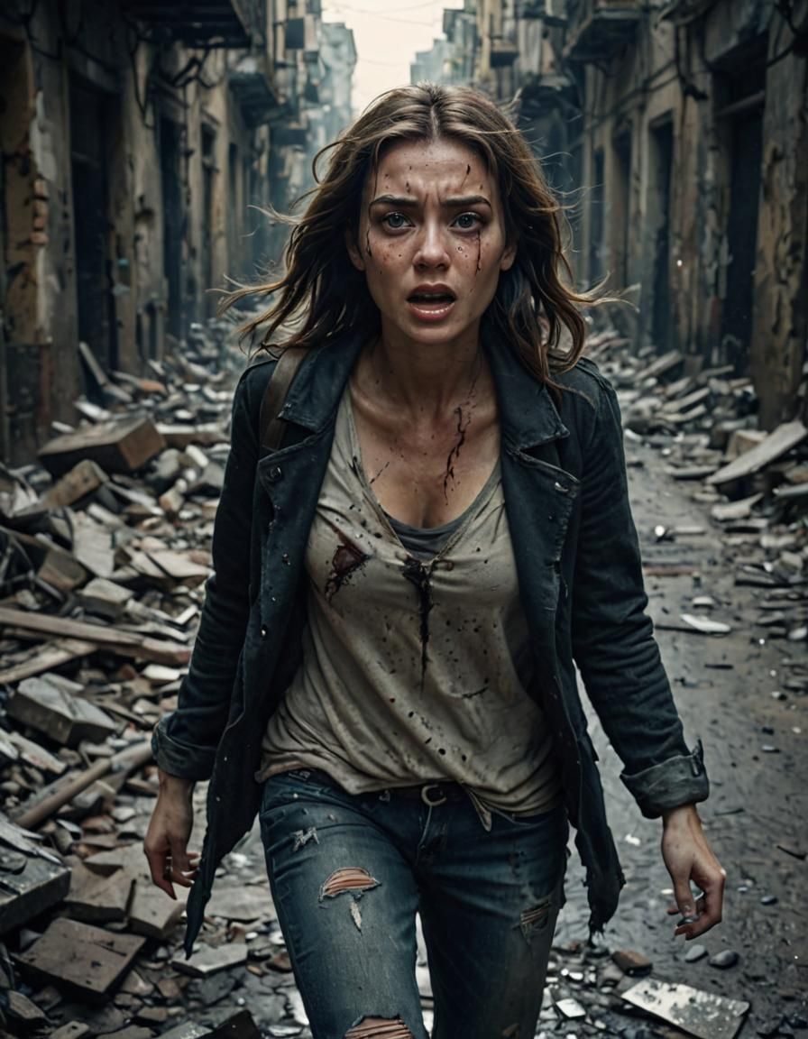 Woman in Ruined Street: A Cinematic Still