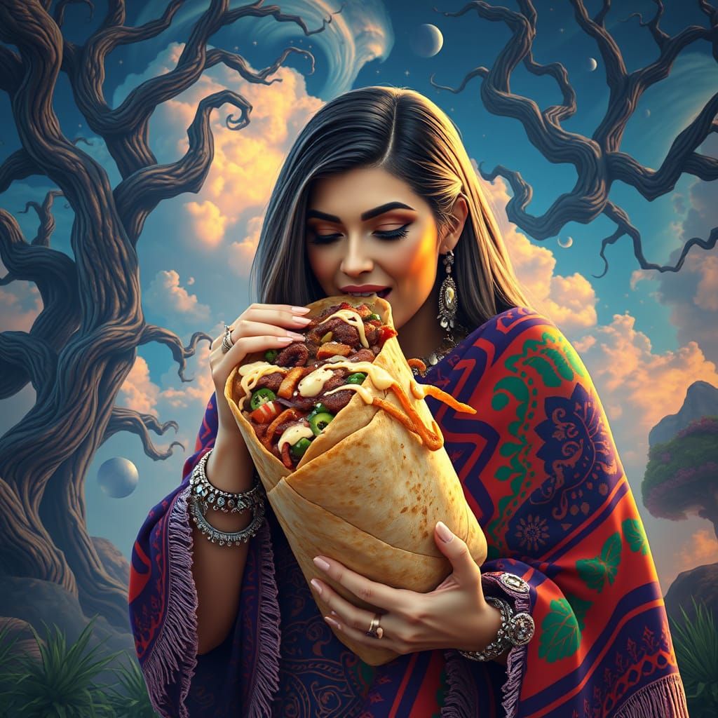 Surrealist Burrito Goddess in Dreamlike Mexican Landscape