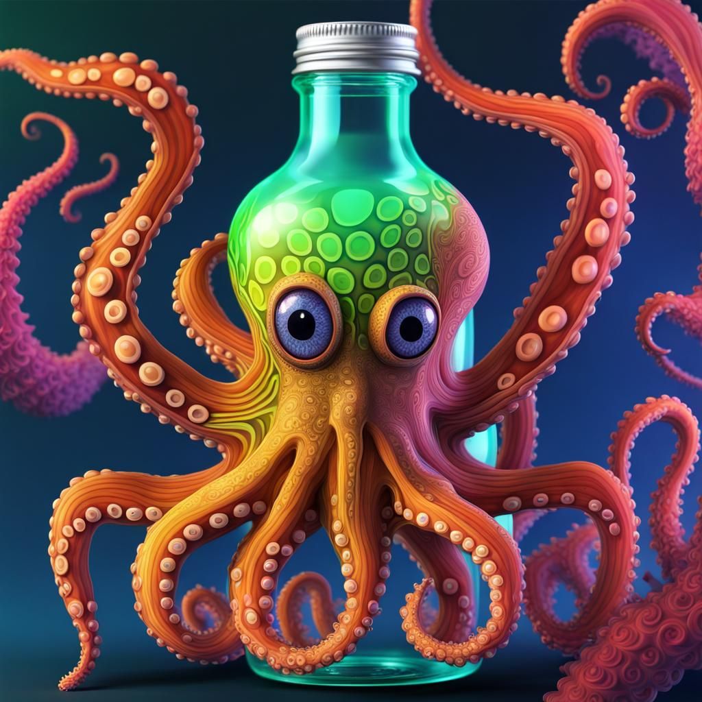 Neon Octopus in a Bottle: Detailed 3D Render