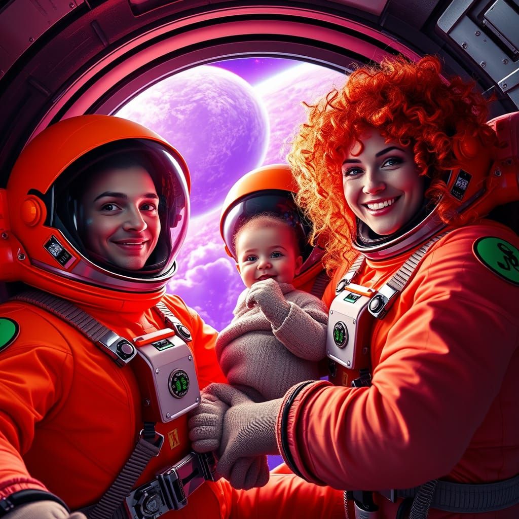 Astronauts in Shiny Orange Space Suits Explore the Cosmos