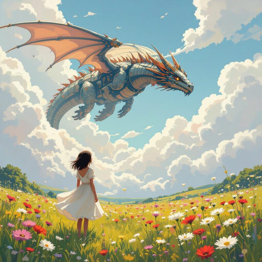 Girl Watches Steampunk Dragon in Ghibli Style Meadow