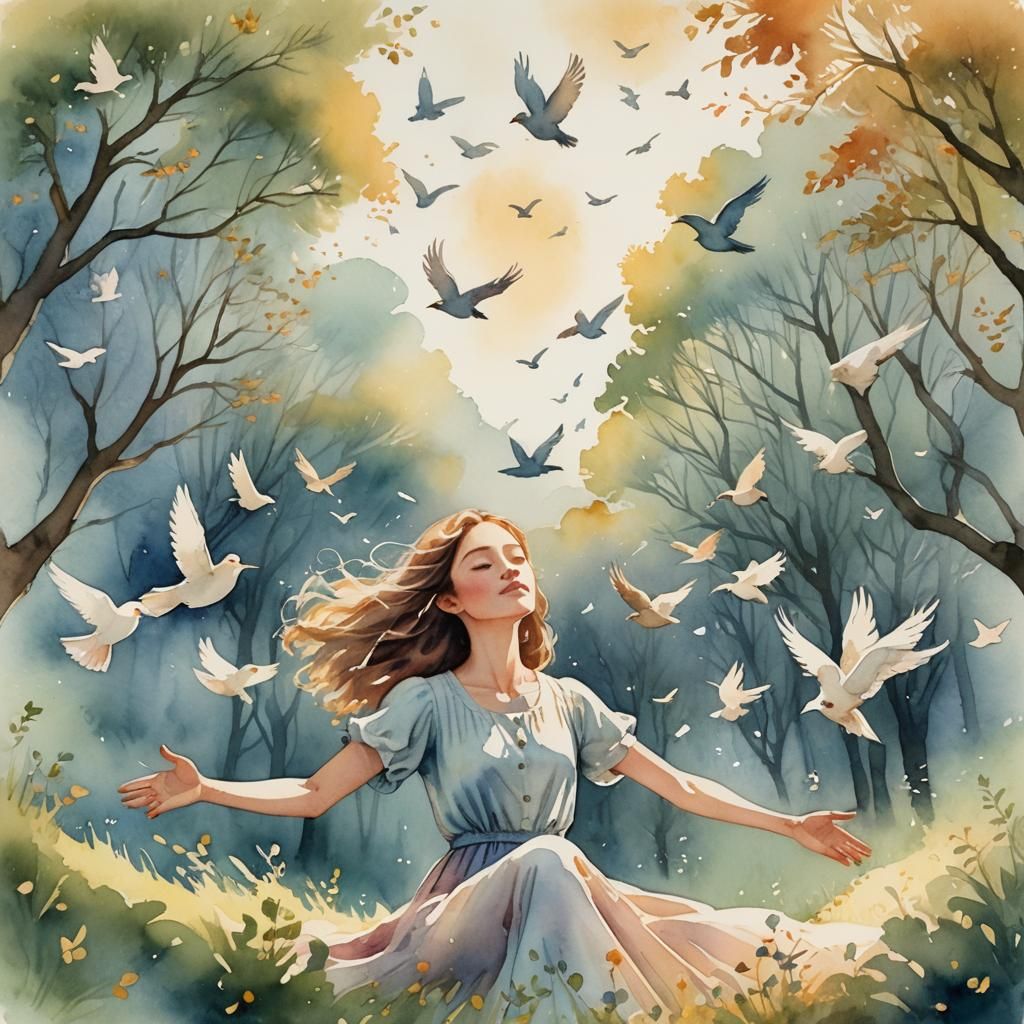 Dreamy Watercolor Illustration of Woman with Birds
