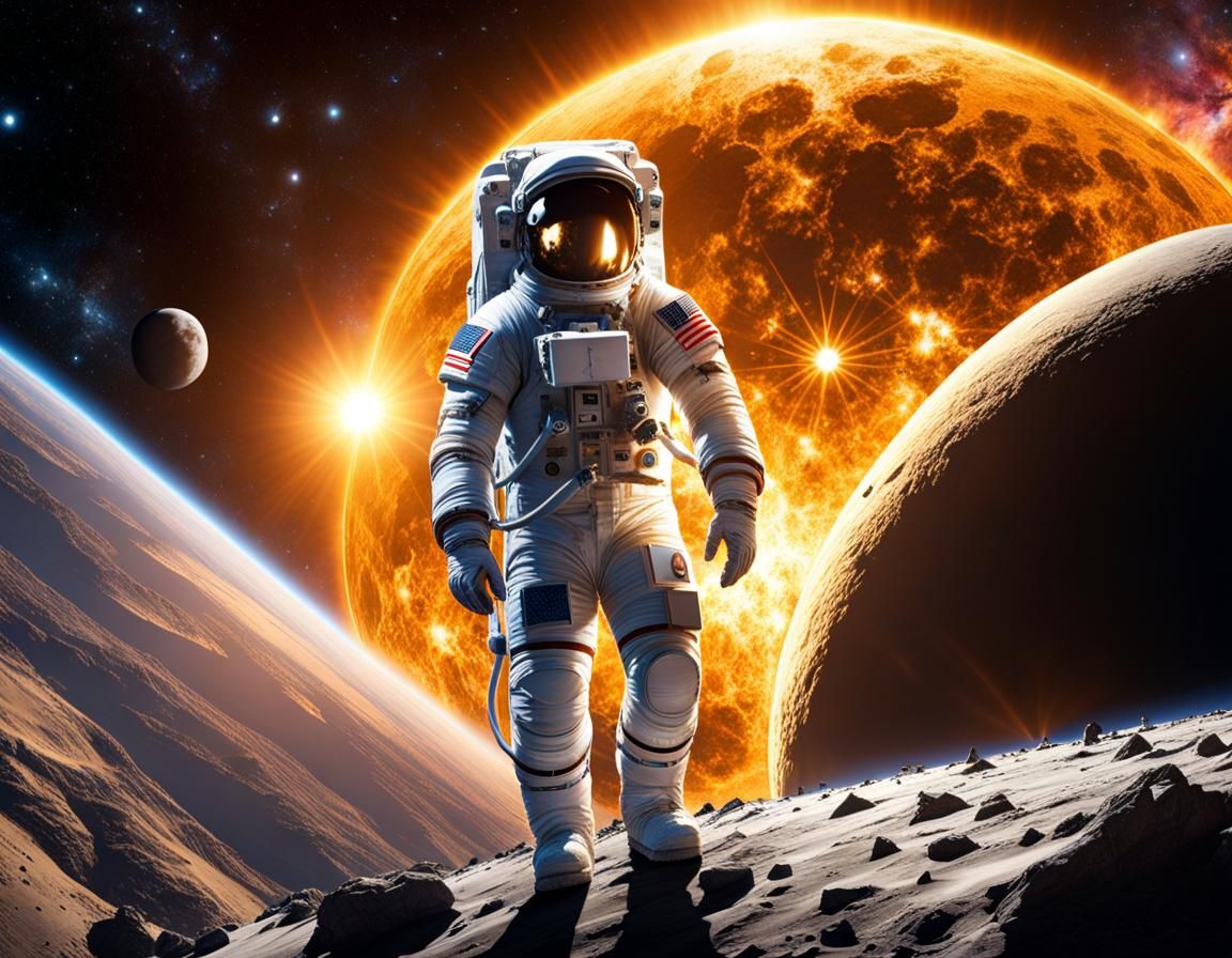 Astronaut Among Celestial Bodies in Sci-Fi Photo