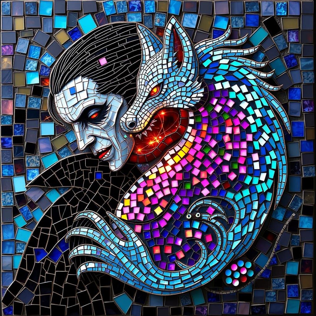 Vampire and Wirewolf Mosaic Masterpiece in Vibrant Glass and...
