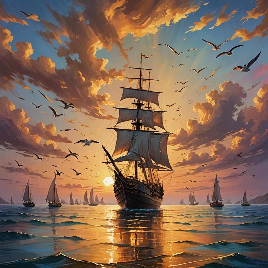 Sailors on a Serene Ocean Sailboat at Sunset