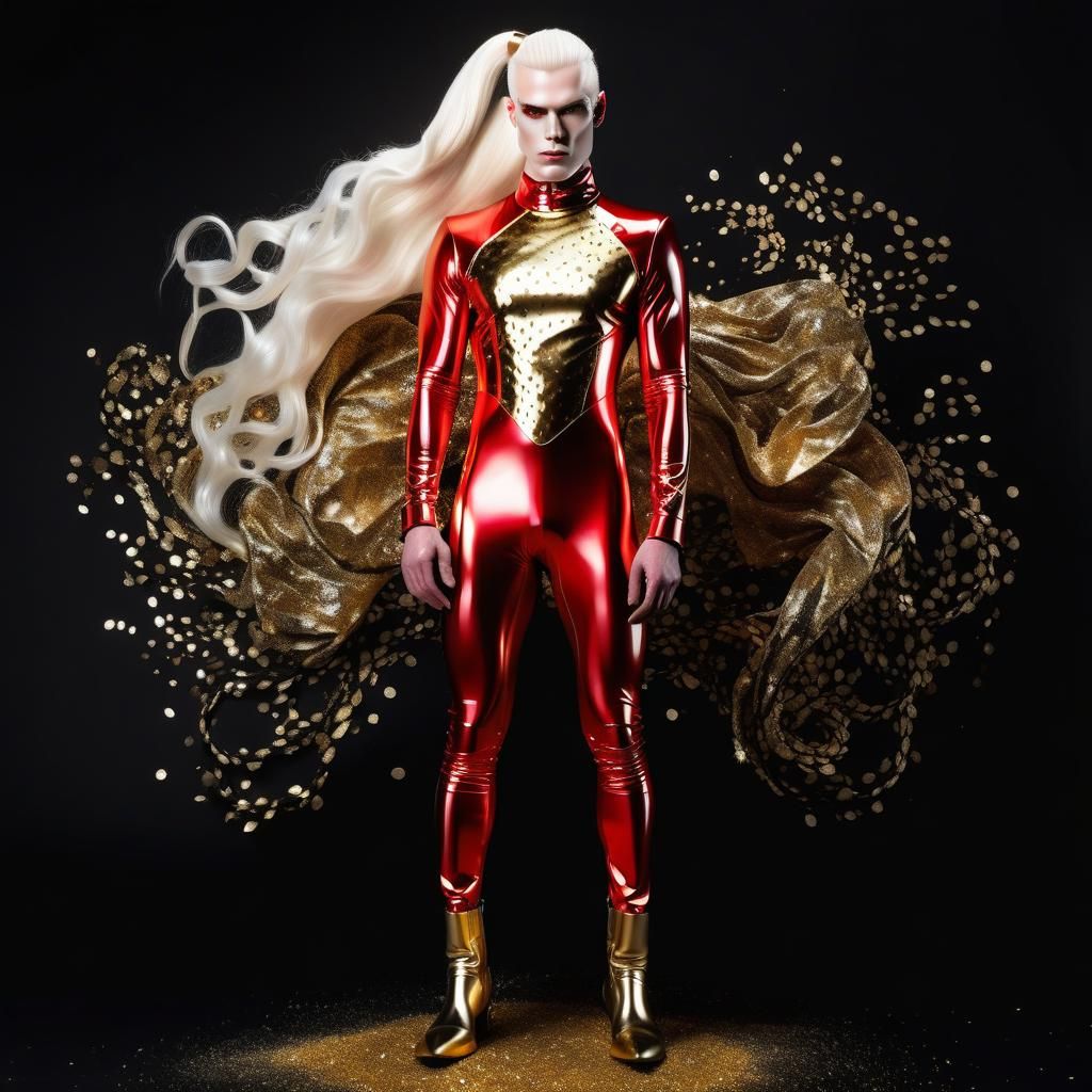 Man in Red Latex Suit with Gold Glitter