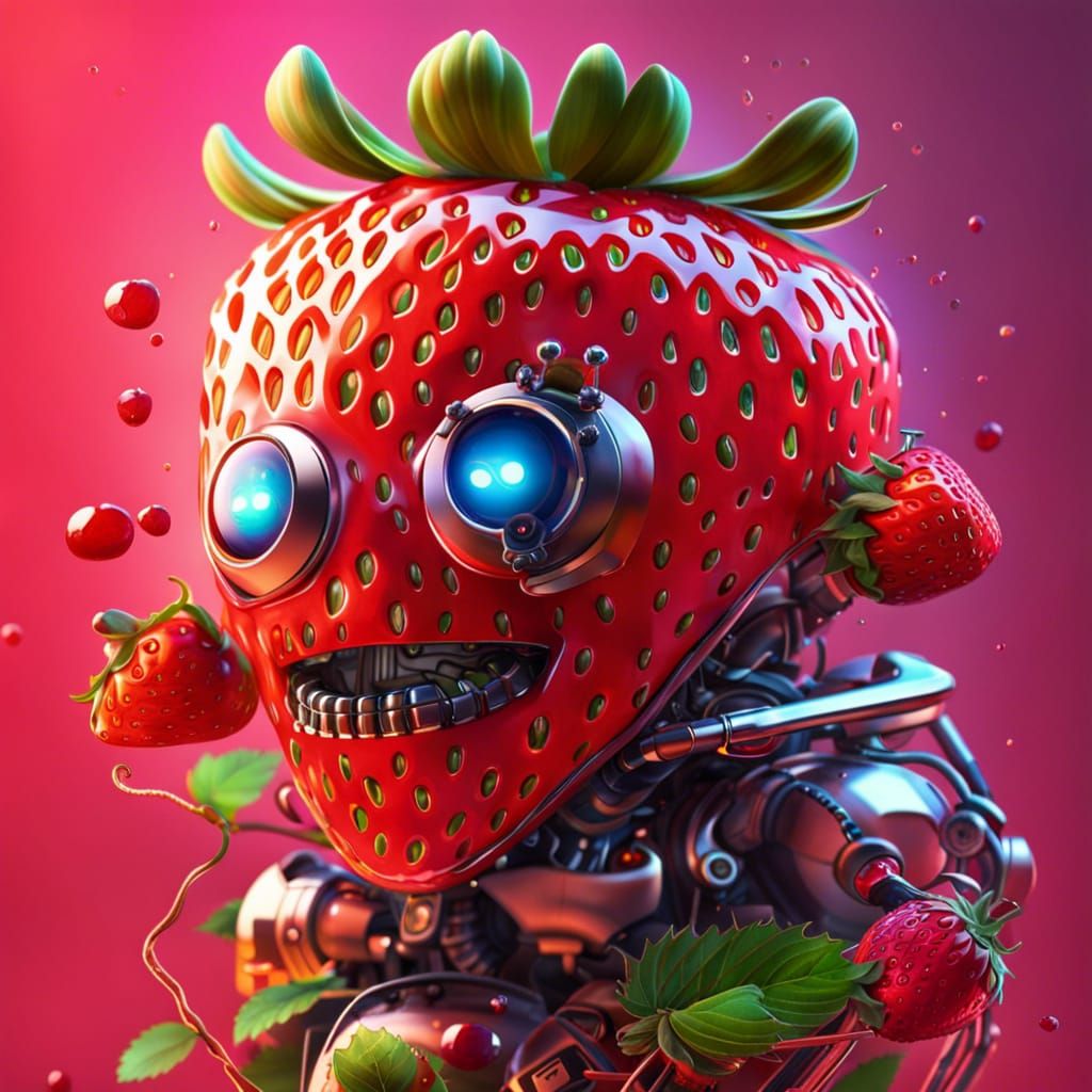 Hyperrealistic Strawberry Robot Singing Splash Art
