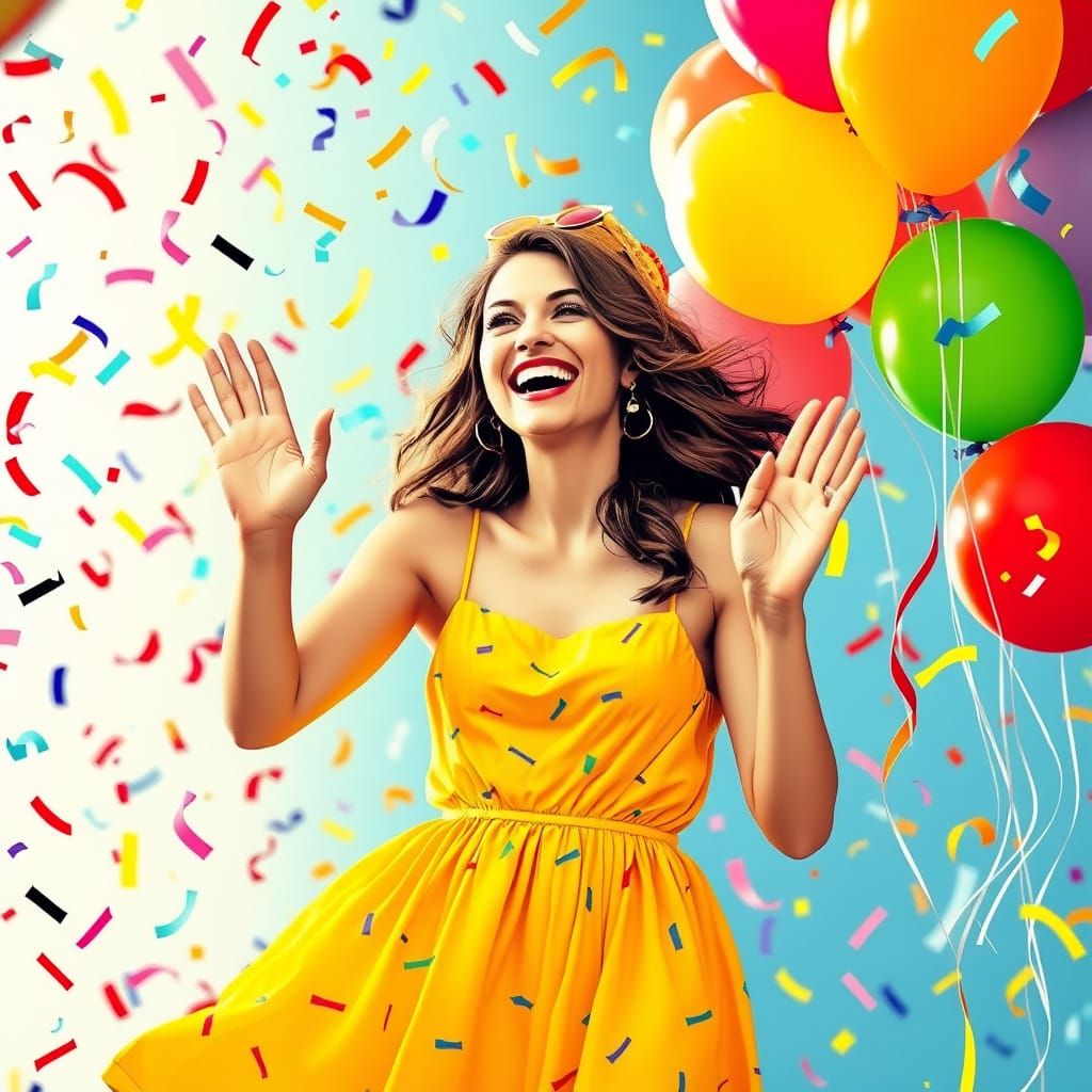 Joyful Woman Celebrates with Balloons and Confetti