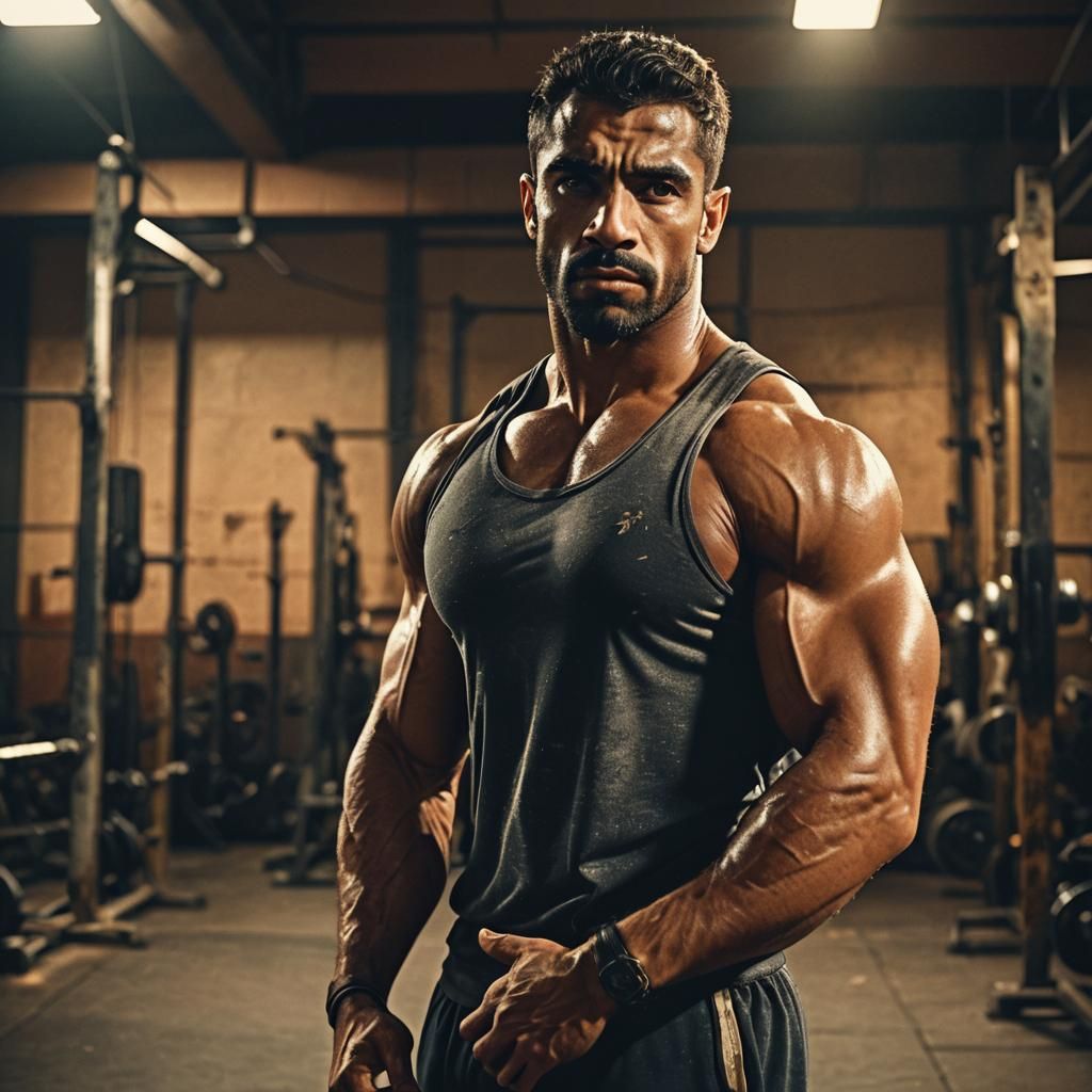 Cinematic Arab Bodybuilder in Industrial Gym