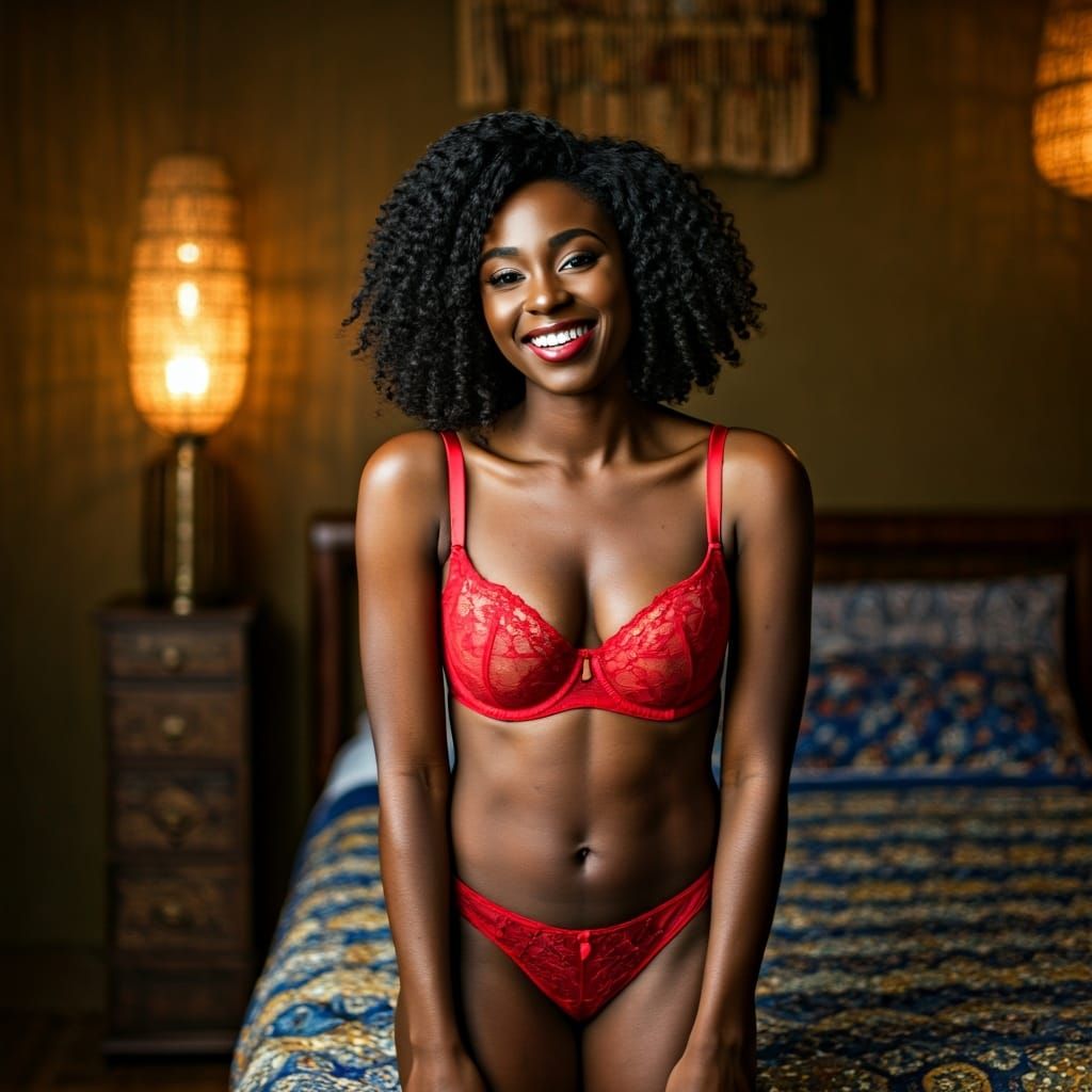 Smiling Woman in Red Lingerie in African Bedroom