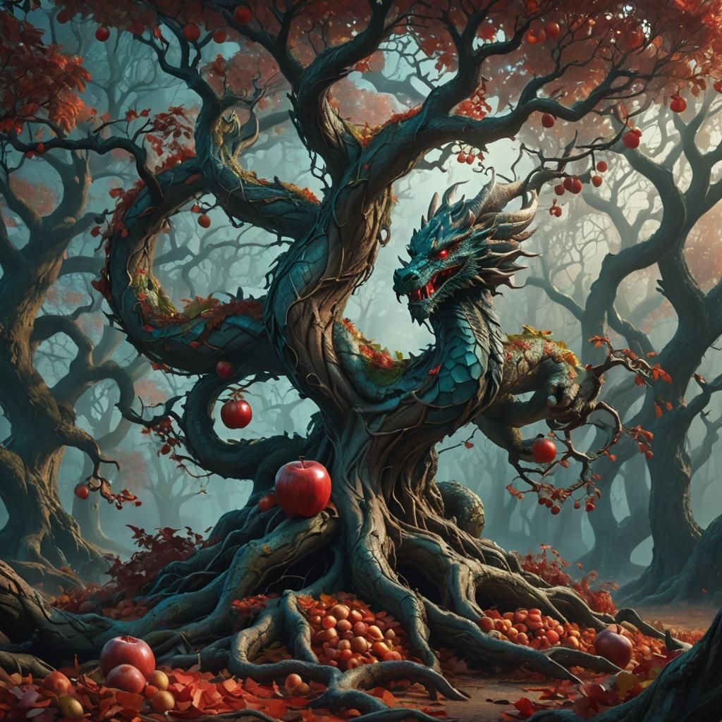 Fantasy Dragon Shaped Like Apple Tree in Forest