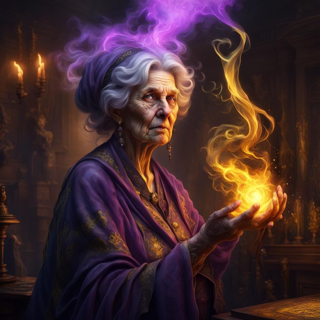 Old Lady Casting Smoke Spell in Dark Fantasy Style
