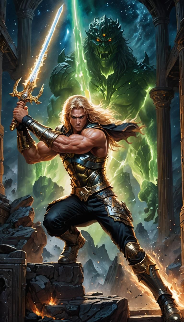 Muscular Warrior with Plasma Sword Amidst Asteroid Crash