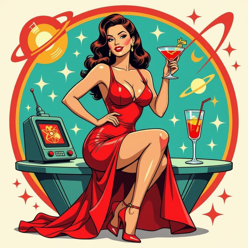 Retrofuturistic Pin-Up Model with Atomic Age Glamour