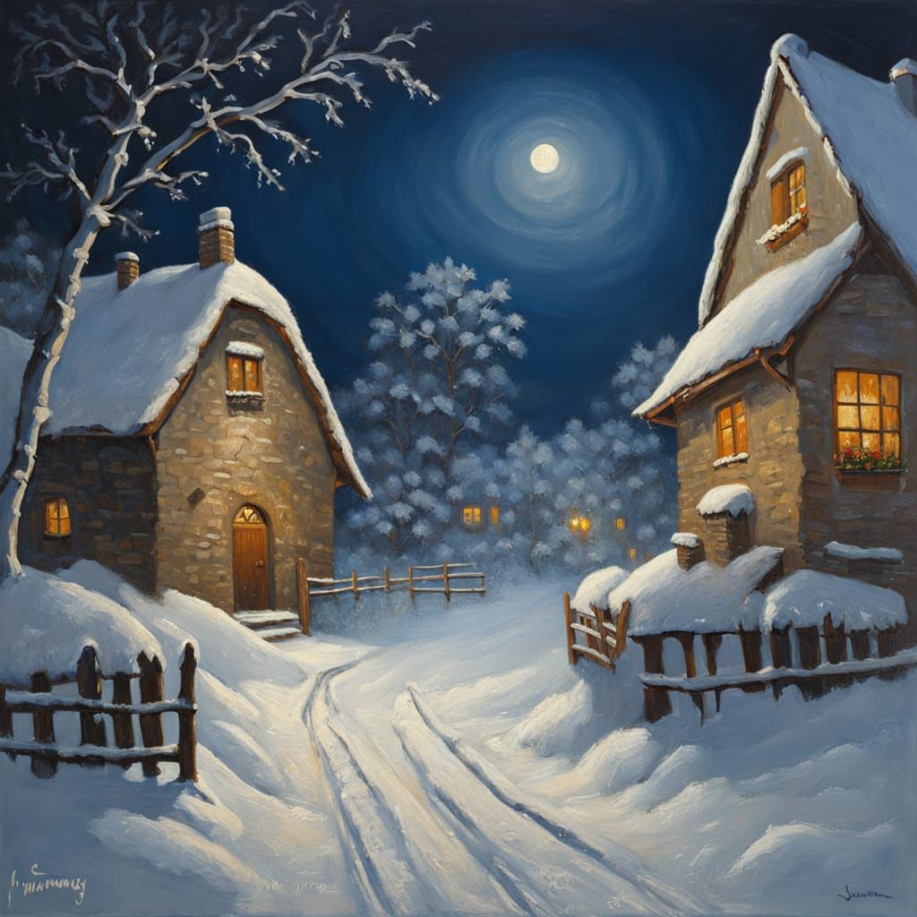Serene Winter Village Oil Painting