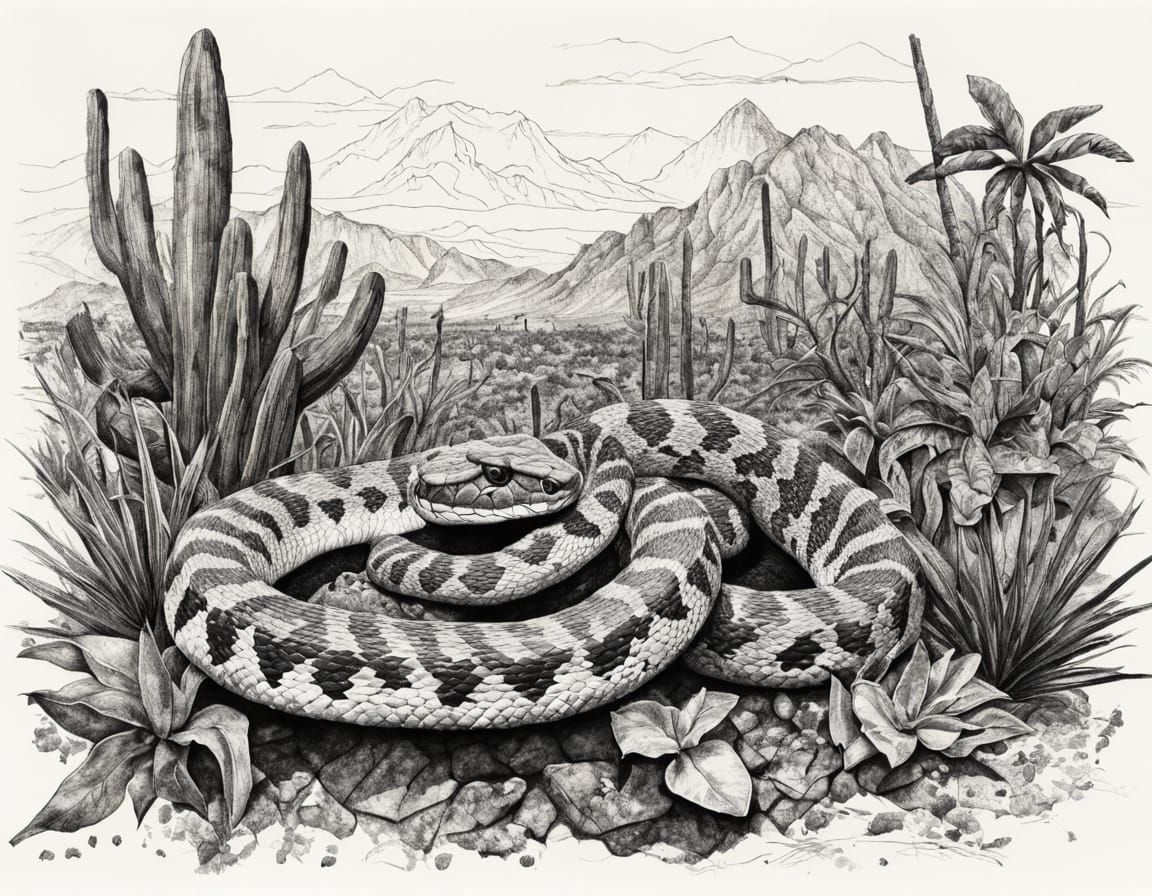 Rattlesnake in Desert: Pencil and Ink Collage