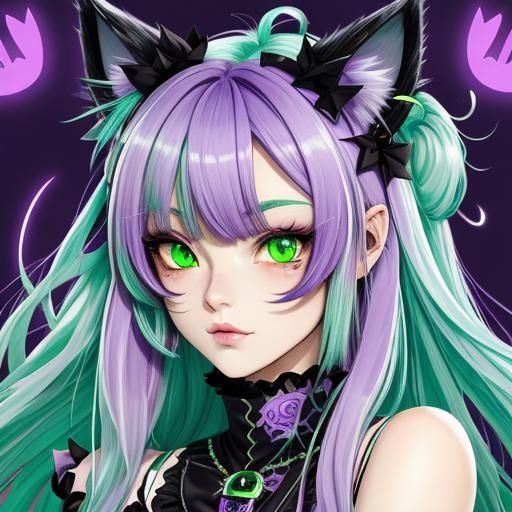 Anime Demon Girl with Cat Ears and Heterochromia