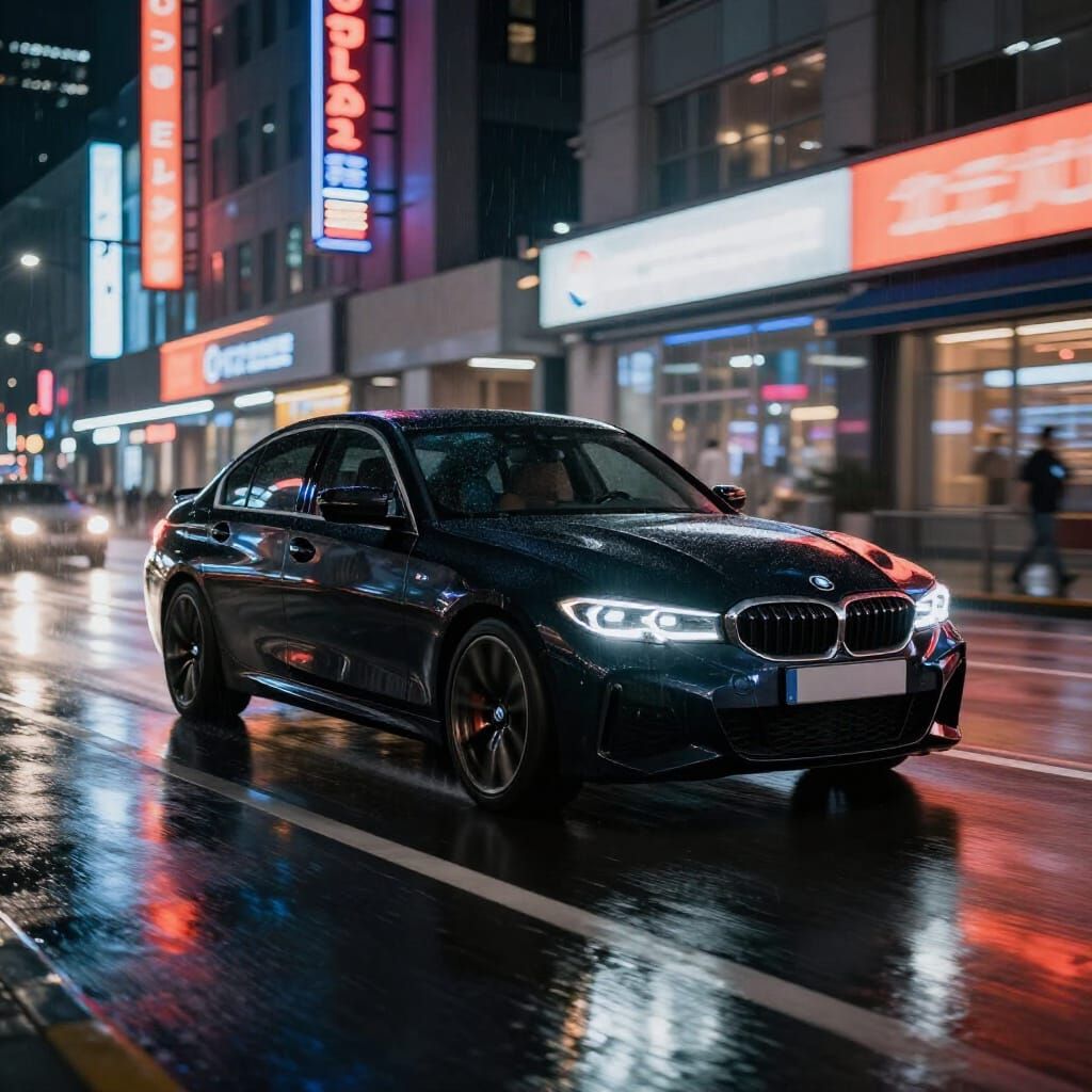 Black BMW M340i in Night City Rain