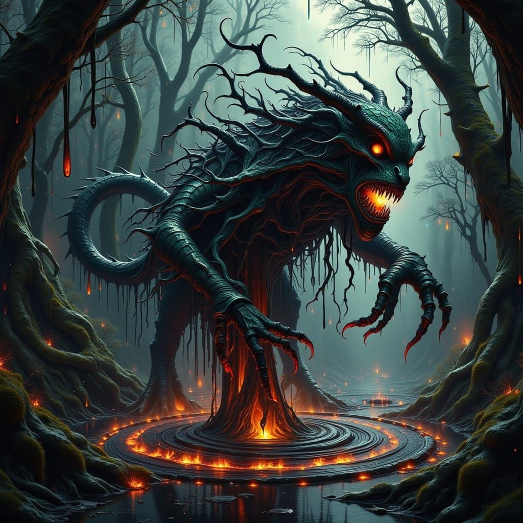 Dark Fantasy Tar Pit Elemental Emerging from Primordial Dept...